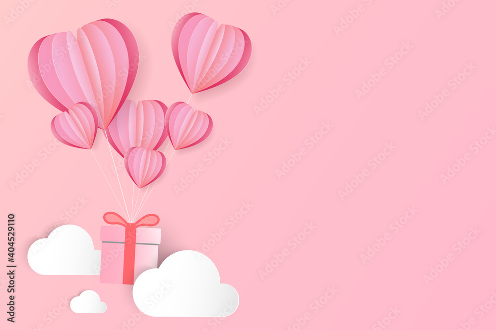 Heart balloons and gift boxes among the clouds, Valentine's Day background, love banner. Paper cut style, vector illustration Heart balloons and gift boxes among the clouds, Valentine's Day background, love banner. Paper cut style, vector illustration