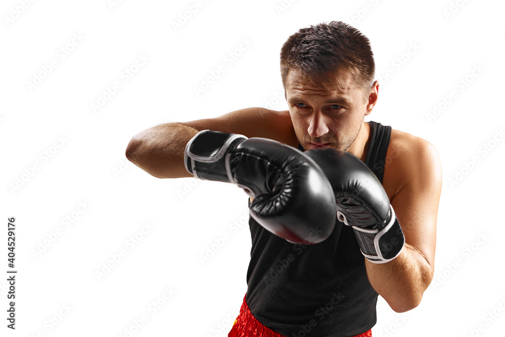 sportsman in black boxing gloves punching isolated on white background.