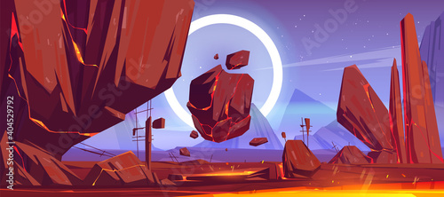 Alien planet landscape with mountains, flying rocks and red lava in cracks. Vector cartoon fantasy illustration of outer space with magma on planet surface, stars and glowing ring in sky