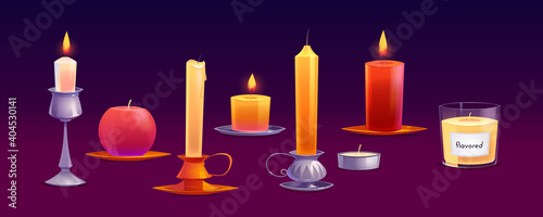 Wax candles different shapes with fire and flavored paraffin. Vector cartoon set of burning flame on yellow and red candles in glass jar, silver and copper holders, tealight
