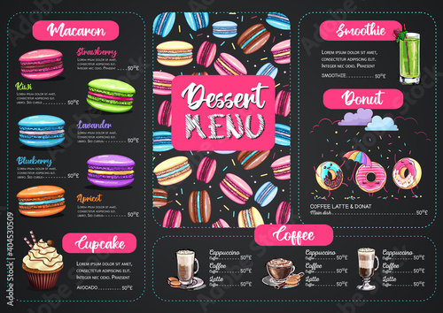 Chalk drawing dessert menu design with sweet french macaroons