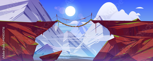 Bridge between mountains hang above cliff in snowy rock peaks landscape background. Beautiful scenery nature view, rope bridgework with wooden crossbars connect rocky edges Cartoon vector illustration