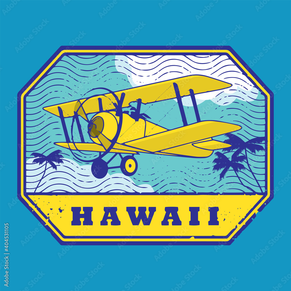Stamp with palms, vintage biplane and the word Havaii insid