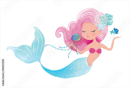 Cute mermaid with little jellyfish vector illustration for kids fashion artworks, children books, greeting cards.