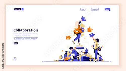 Teamwork collaboration landing page. Business people team assembling separated puzzle pieces. Cooperation or partnership, creative coworking colleagues working process, Vector line art web banner