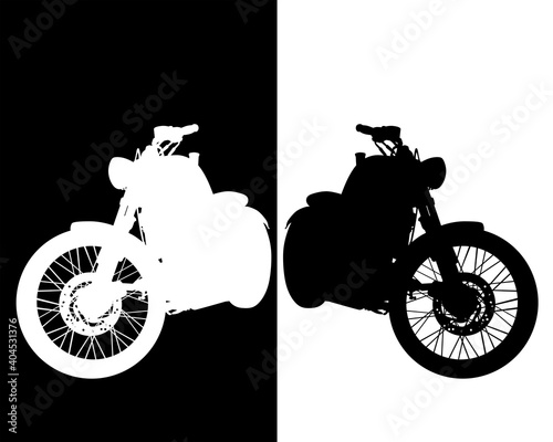 Retro motorcycle rides on the road. Isolated object on white background