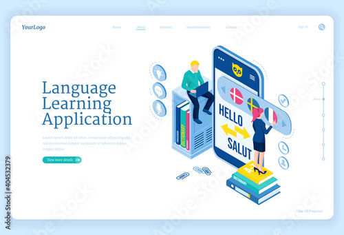 Language learning application banner. Digital online education service, mobile app for training foreign languages. Vector landing page with isometric people studying with smartphone and laptop