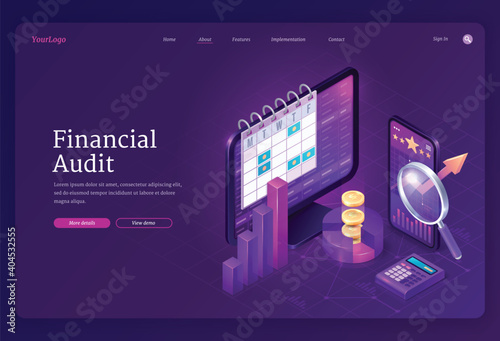 Financial audit isometric landing page, business account tax report concept, computer monitor with calendar and column chart, smartphone with analysis application and magnifier, 3d vector web banner