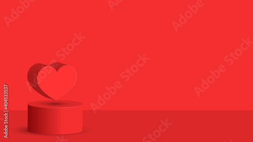 Red heart levitation on 3d cylindrical podium scene, display product showcase, vector blank mockup for poster or banner