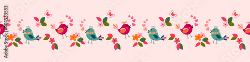 Easter  springtime day seamless border pattern with small daisy  butterfly and cute love birds