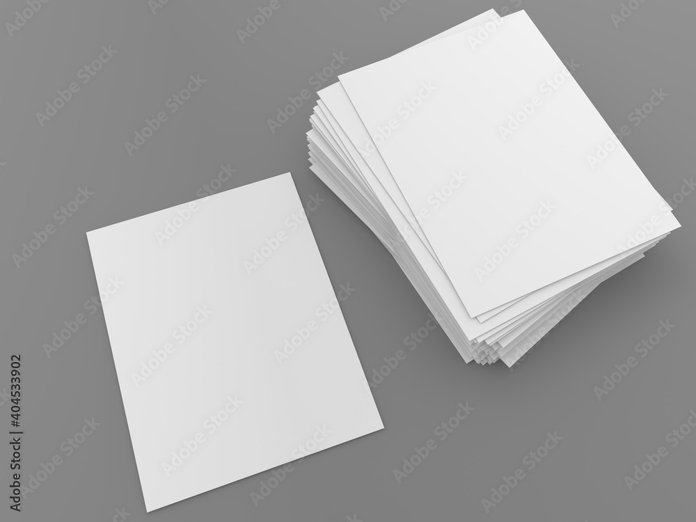 A stack of papers and one A4 sheet on a gray background. 3d render illustration. A stack of papers and one A4 sheet on a gray background. 3d render illustration.