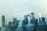 Double exposure of abstract virtual chemistry hologram on Los Angeles city skyscrapers background, research and development concept