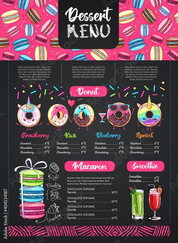 Chalk drawing dessert menu design with sweet french macaroons