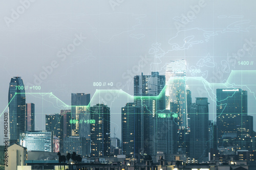 Double exposure of abstract virtual statistics data hologram on Los Angeles city skyscrapers background  statistics and analytics concept