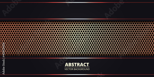 Dark abstract background with golden metallic hexagon carbon fiber. Abstract technology background with red luminous lines on carbon grid. Luxury modern futuristic backdrop.