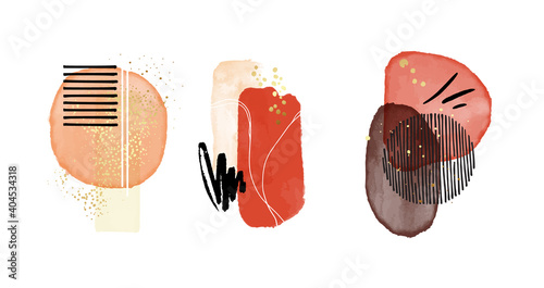Aquarelle classic shapes. Red contrast vector Scandinavian decorative cover stain painting, watercolor blobs, circle frames, logo template, social media decoration. Scandinavian minimalistic shape