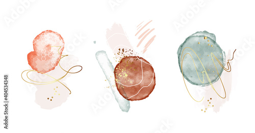 Acrylic ink watercolor shapes, golden design, modern frames, logo. Simple geometric watercolor shapes Blush beaige mint colors vector