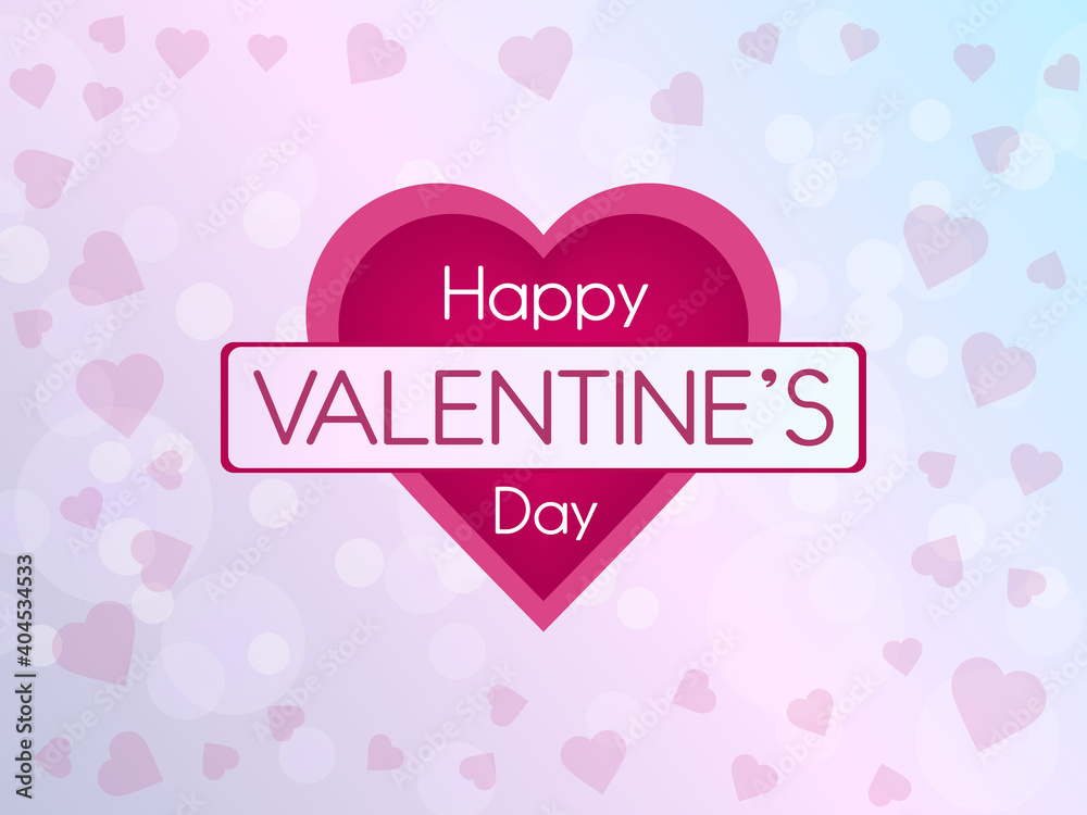 Happy valentines day vector illustration on light pink and blue bokeh background with hearts. Valentines day greeting card.