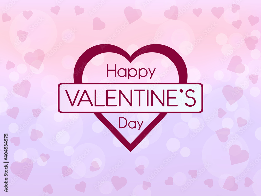 Happy valentines day greeting card on light pink bokeh background with hearts. Vector illustration.