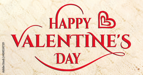 Happy Valentine's Day inscriprion on warm knitted background, greeting card concept