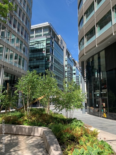 Spinningfields in Manchester City centre with modern buildings and beautiful gardens. 