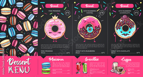 Chalk drawing dessert menu design with sweet french macaroons and donuts