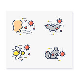  Disease spread concept color icons set. Covid19, virus disease mutation and transmission. Virus carrier animal, insect or human. Infection spreading. Isolated vector illustrations
