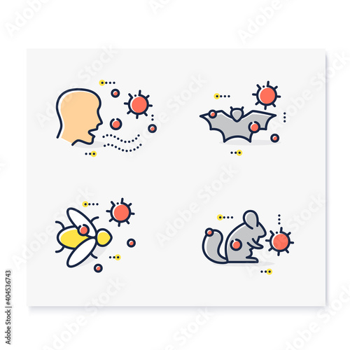  Disease spread concept color icons set. Covid19, virus disease mutation and transmission. Virus carrier animal, insect or human. Infection spreading. Isolated vector illustrations