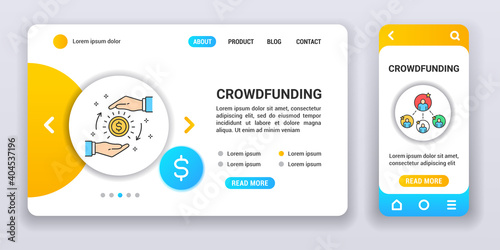 Crowdfunding web banner and mobile app kit. Investment. Outline vector illustration.