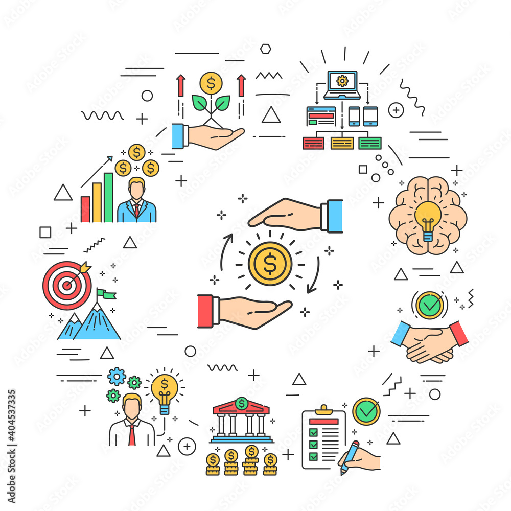 Crowdfunding web banner. Infographics with linear icons on white background. Creative idea concept. Isolated outline color illustration. Crowdfunding web banner. Infographics with linear icons on white background. Creative idea concept. Isolated outline color illustration.
