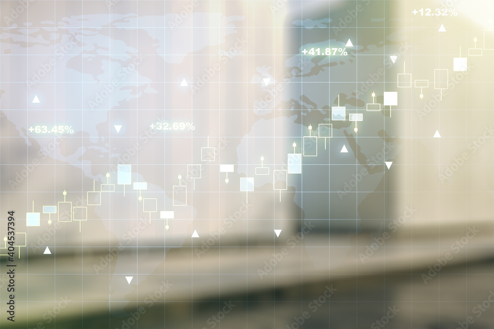 Abstract creative financial graph and world map on blurry contemporary office building background, financial and trading concept. Multiexposure Abstract creative financial graph and world map on blurry contemporary office building background, financial and trading concept. Multiexposure