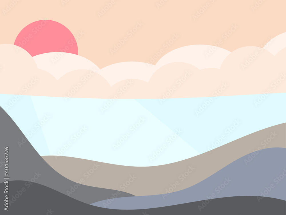 View of the sea from the mountains in a minimalistic style. Seascape in a flat style. Wavy landscape boho decor. Mid Century modern decor. Vector illustration View of the sea from the mountains in a minimalistic style. Seascape in a flat style. Wavy landscape boho decor. Mid Century modern decor. Vector illustration