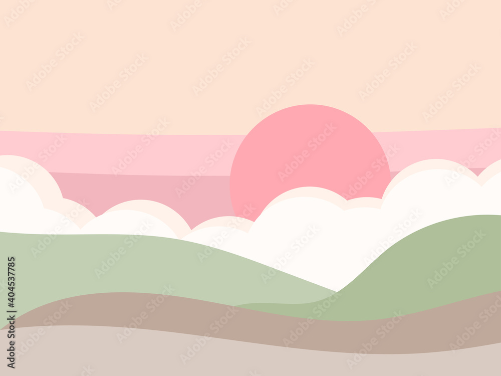 Green hills landscape in minimalist style. Boho decor for prints, posters and interior design. Mid Century modern decor. Green fields. Vector illustration Green hills landscape in minimalist style. Boho decor for prints, posters and interior design. Mid Century modern decor. Green fields. Vector illustration