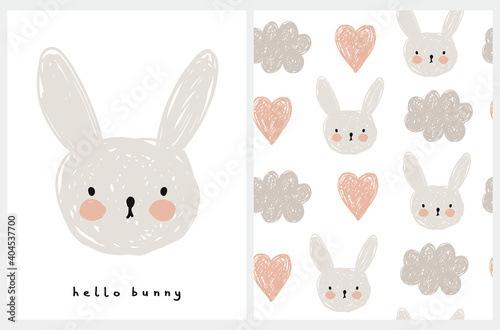 Hello Bunny. Lovely Nursery Art and Seamless Vector Pattern with Hand Drawn Clouds, Bunny and Hearts Isolated on a White Background. Cute Illustration ideal for Kids Room Decoration, Wall Art, Card.