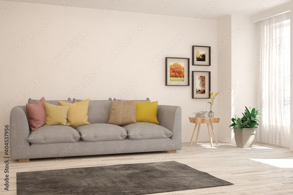 Fototapeta premium White living room with sofa. Scandinavian interior design. 3D illustration