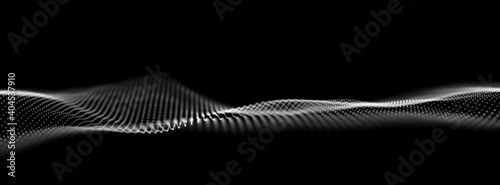 Abstract white particle background. Flow wave with dot landscape. Digital data structure. Future mesh or sound grid. Pattern point visualization. Technology vector illustration.
