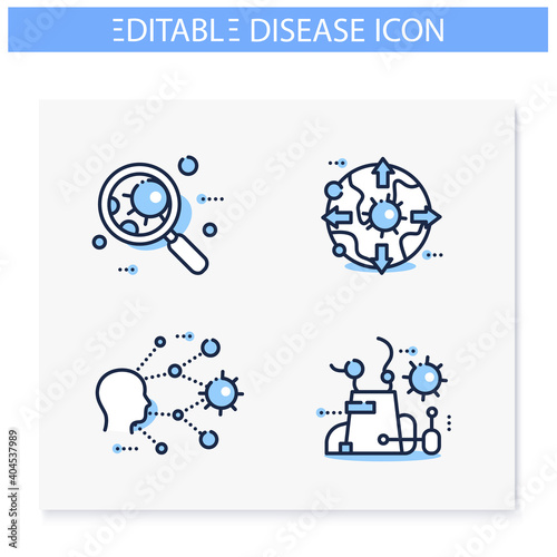 Spread of disease concept line icons set. Covid19, virus disease, influenza transmission education study, analysis. Global pandemic, super spreading. Isolated vector illustrations. Editable stroke 
