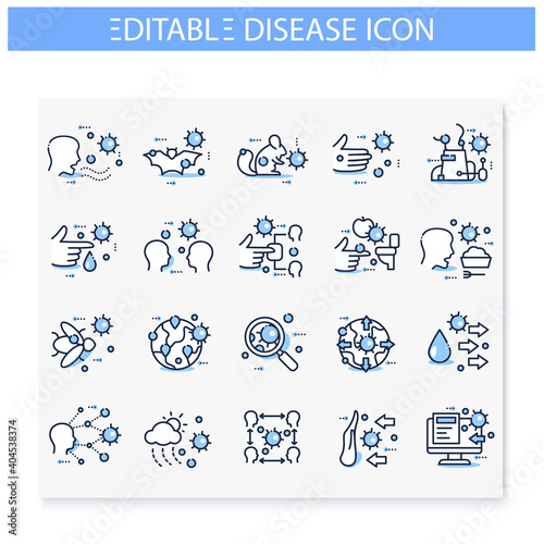 Disease spread concept line icons set. Covid19, influenza, rotavirus, bacterial infection transmission. Virus outbreak ways Isolated vector illustrations. Editable stroke 