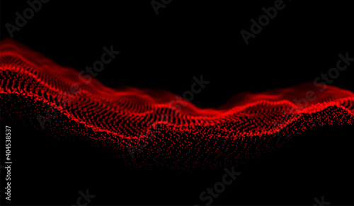 Abstract red particle background. Flow wave with dot landscape. Digital data structure. Future mesh or sound grid. Pattern point visualization. Technology vector illustration.
