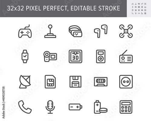 Electronic devices simple line icons. Vector illustration with minimal icon - joystick, controller, vr glasses, drone, camera, 3d printer, retro technology. 32x32 Pixel Perfect. Editable Stroke