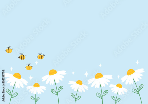 Daisy flower garden and bee cartoons on blue background vector illustration.