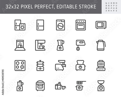 Electronic kitchen devices simple line icons. Vector illustration with minimal icon - fridge, dishwasher, oven, toaster, steam cooker, kettle, multicooker, hob. 32x32 Pixel Perfect. Editable Stroke