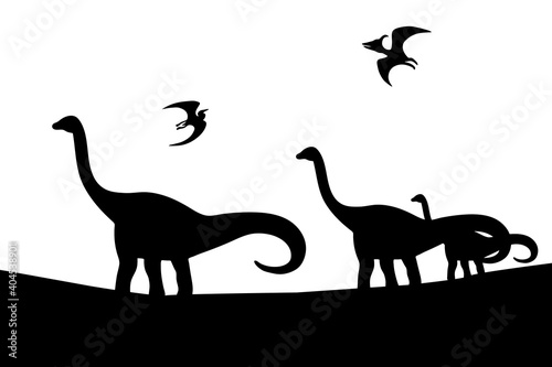 Landscape black silhouettes with dinosaurs walk on white background © Julia