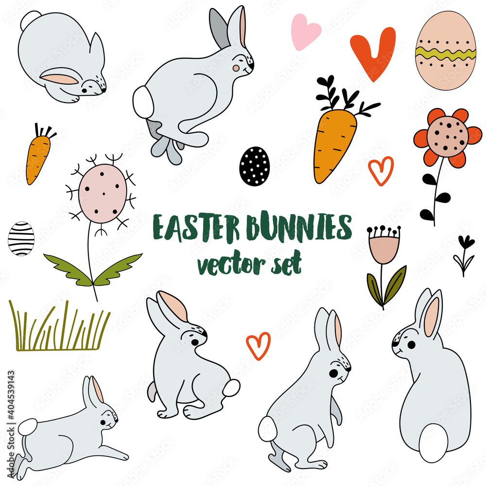 Easter bunnies set. Cartoon style isolated vector images on white background. Easter bunnies set. Cartoon style isolated vector images on white background.