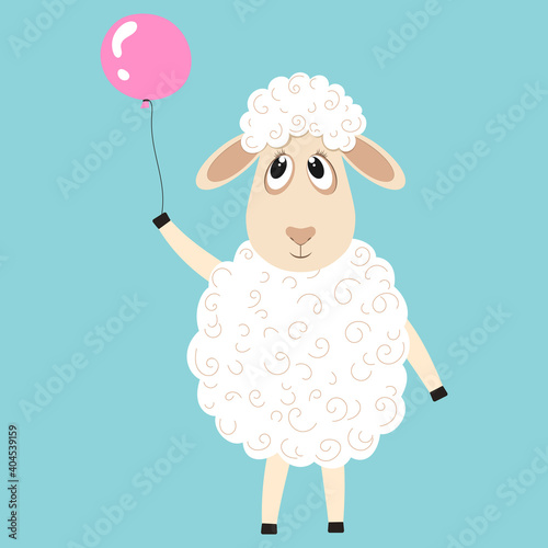 Cute fluffy sheep cartoon character. Design element for greeting card or invitation
