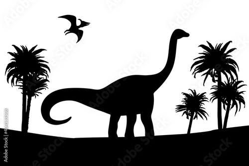 Landscape silhouettes with good dinosaurs. Clip art on white background