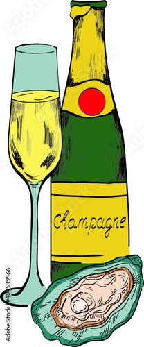 Champagne, prosecco, wine glass, oyster food vector isolated hand drawn illustration. Concept for logo, cards, print, menu