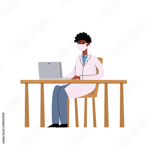 Vector illustration of medicine concept with african doctor by table