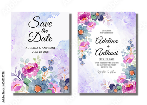 Save the date. Wedding invitation card with purple floral watercolor