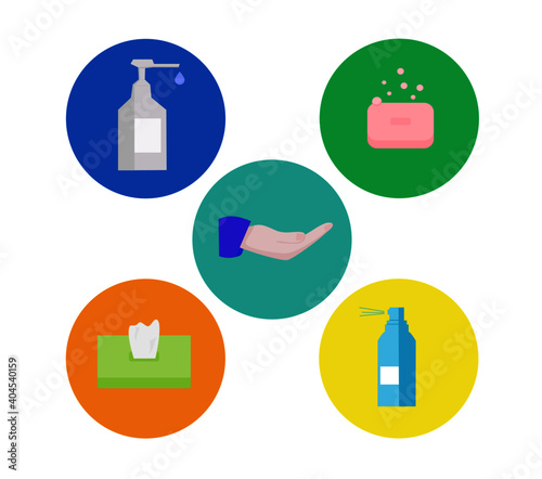 Clean icon set for hand washing. Bottles of disinfectants, soap and wet napkins. Prevention coronavirus by sanitizing. Vector icon illustration. 